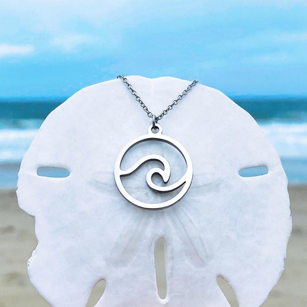 Stainless Steel Wave Pendant Necklace Princess LG - Picture 2 of 5